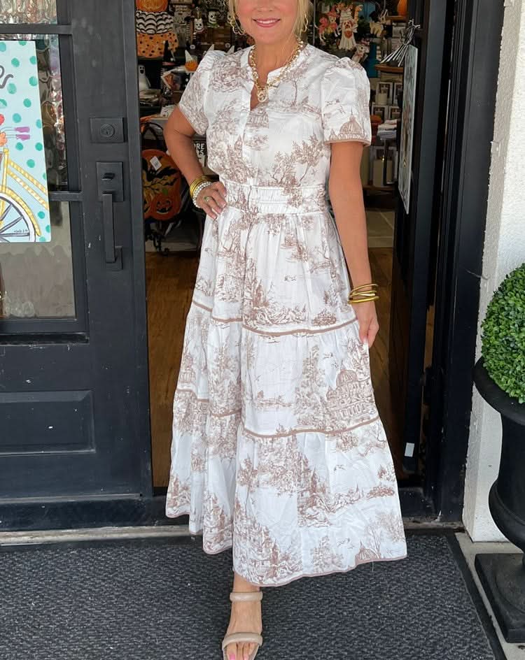 Marcelline| Timeless Toile Maxi – Elegant Flattering Comfort with Effortless Flow