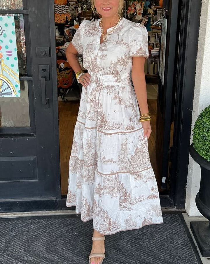Marcelline| Timeless Toile Maxi – Elegant Flattering Comfort with Effortless Flow