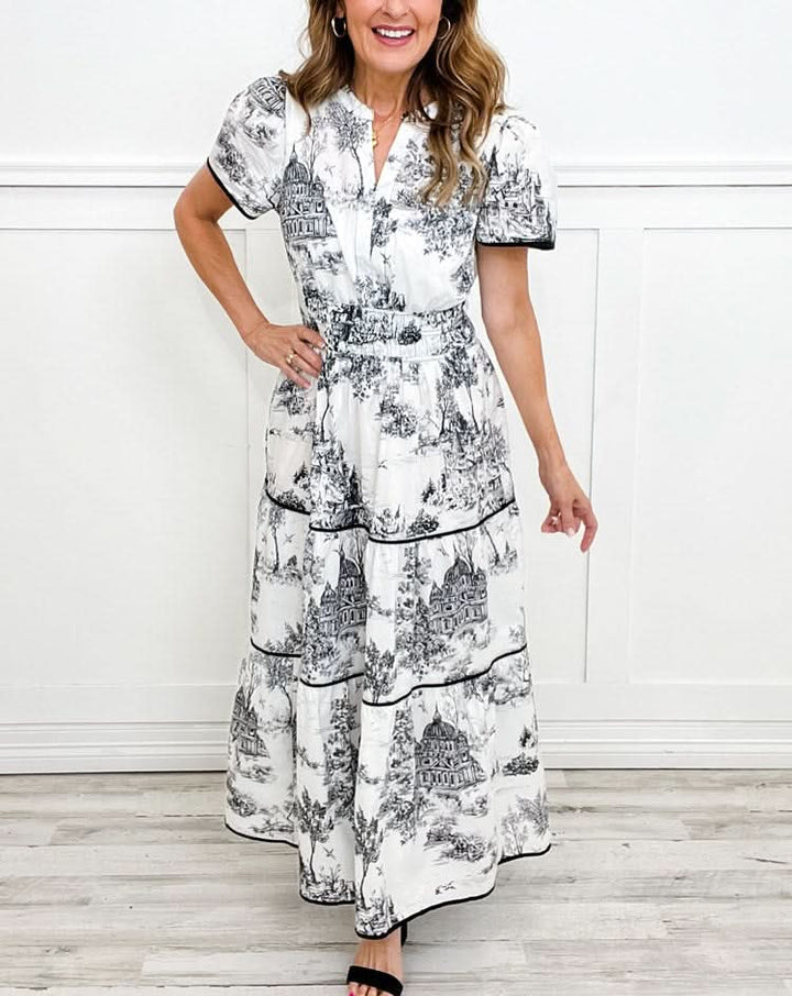 Marcelline| Timeless Toile Maxi – Elegant Flattering Comfort with Effortless Flow