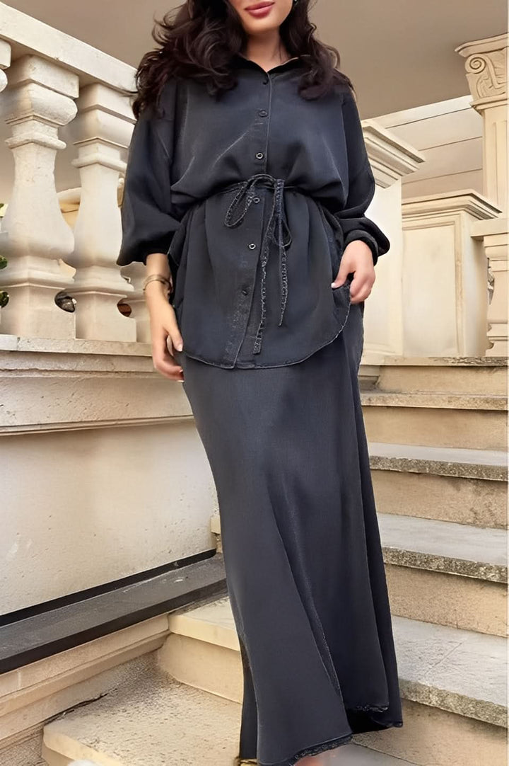 Evelore | Long-Sleeved Tie-Drawstring Shirt & Skirt Set - Effortless Style, Everyday Confidence